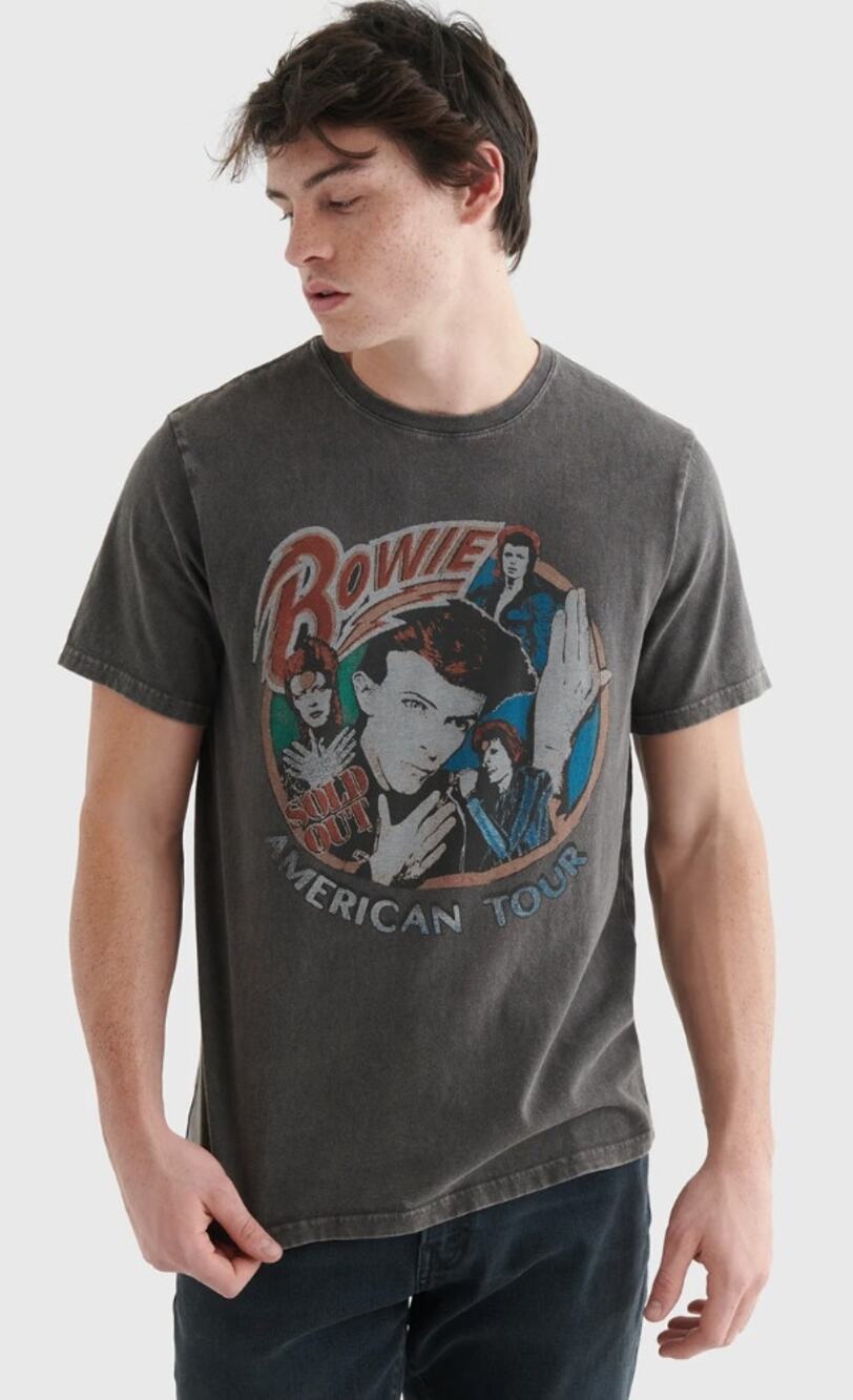 Lucky Brand Men's Gray David Bowie Graphic Short Sleeve Crew T Shirt Tee Top L